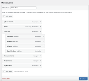 Screenshot of the Menu Structure area with the Menus interface in the WordPress dashboard